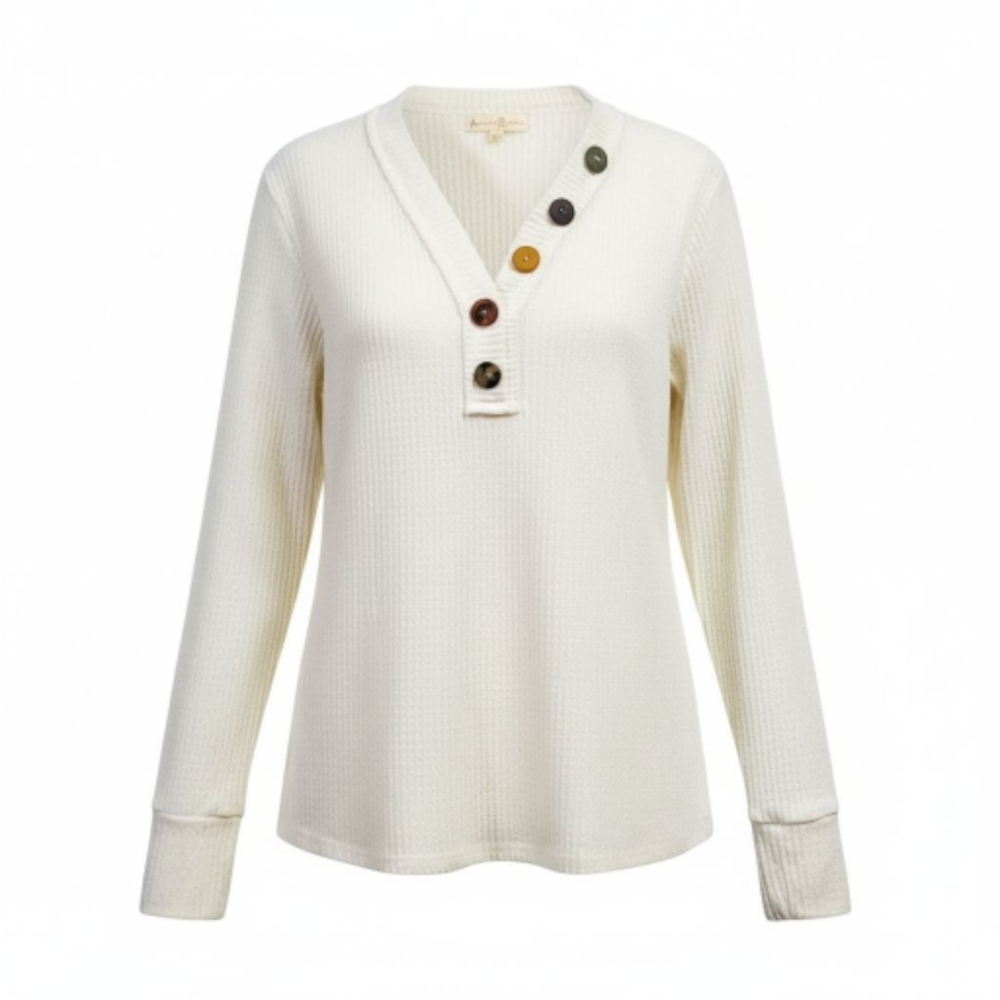 Another Reason Cream V-Neck Sweater with Button Details- Womens Large NWOT